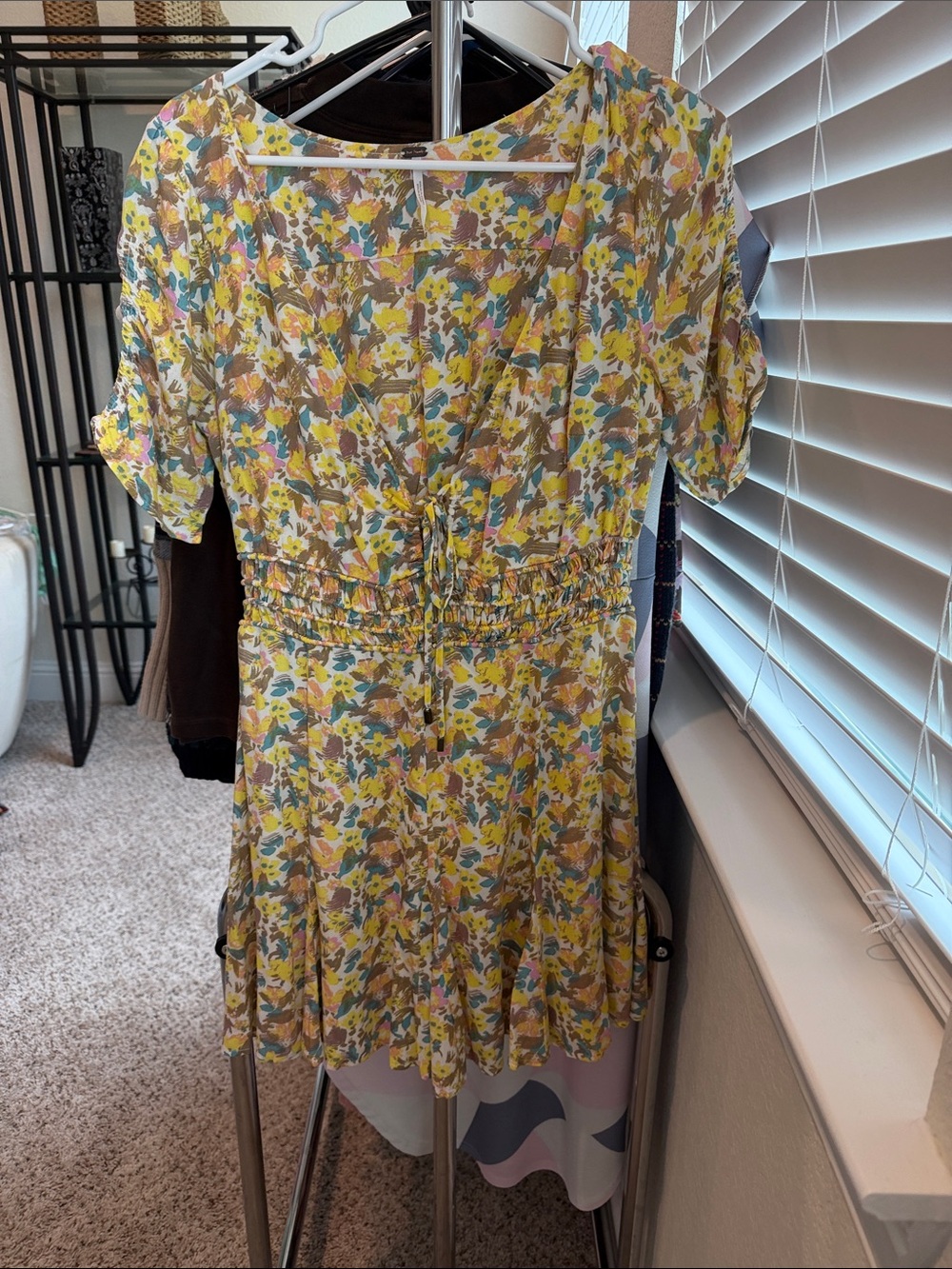 Free People Yellow Floral V-Neck Smocked Mini Dress